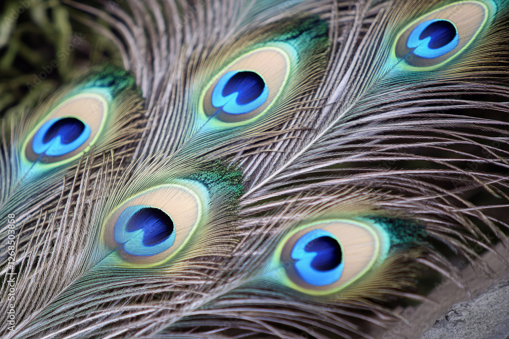 Fototapeta premium Close-up of vibrant peacock feathers with intricate patterns and iridescent colors creating a mesmerizing natural texture