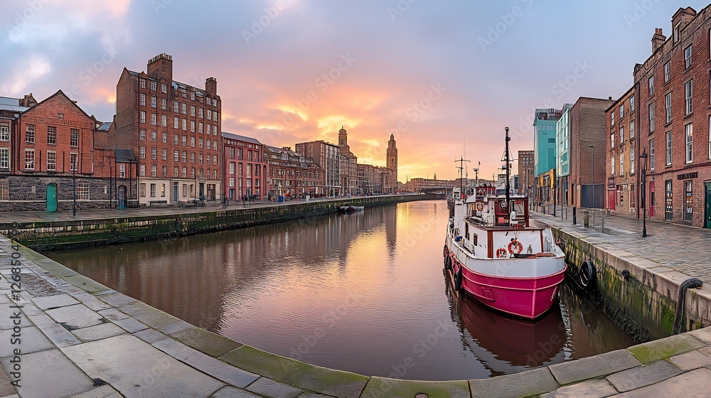Obraz premium Serene sunrise paints vibrant city canal scene. Red boat gently rests reflecting warm light on calm water.. AI Generated