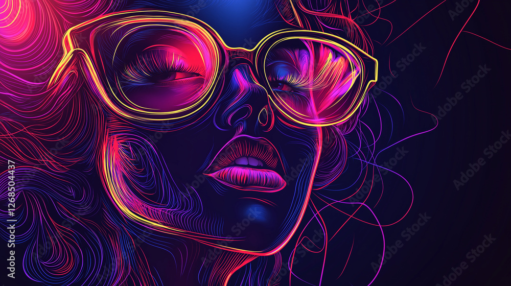 Fototapeta premium Abstract artistic image of a hipster girl, stylized neon outlines of a fashionable young woman with bright iridescent colors, huge glasses and bright lipstick