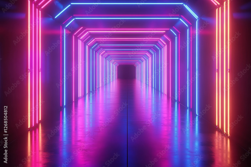 Futuristic Neon Tunnel with Vibrant Pink and Blue Glowing Lights Futuristic Neon Tunnel with Vibrant Pink and Blue Glowing Lights