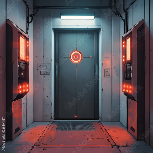 Futuristic elevator with glowing interface and industrial background