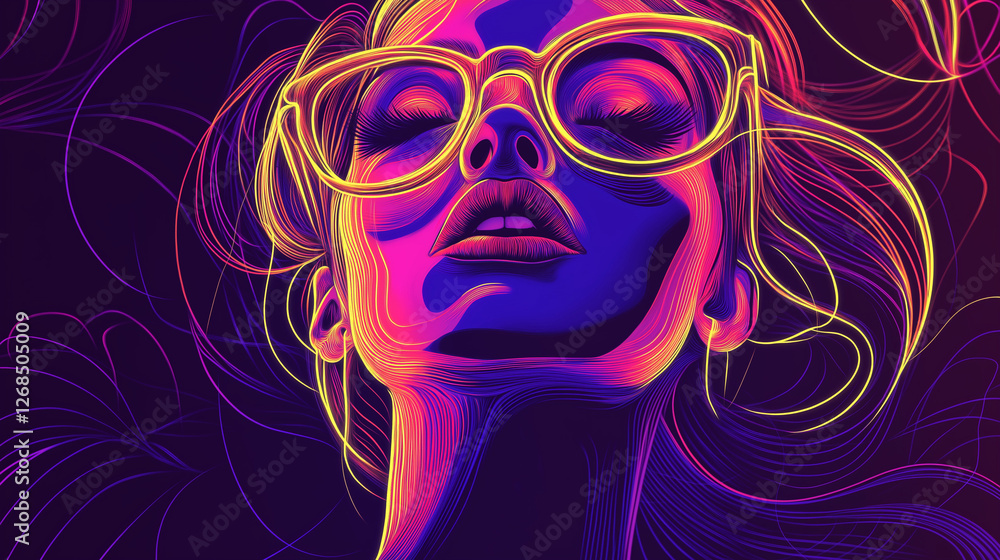 Abstract artistic image of a hipster girl, stylized neon outlines of a fashionable young woman with bright iridescent colors, huge glasses and bright lipstick Abstract artistic image of a hipster girl, stylized neon outlines of a fashionable young woman with bright iridescent colors, huge glasses and bright lipstick