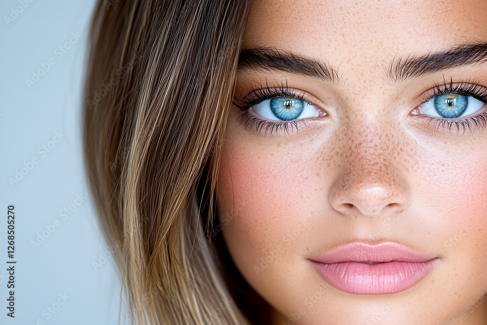 Fototapeta premium A woman with blue eyes and blonde hair. She has a pink lip color. The image is of a woman with a beautiful face