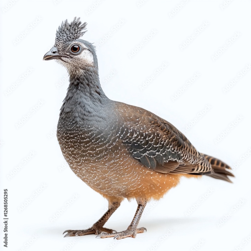 Fototapeta premium Elegant crested tinamou bird isolated on a white background with brown head and body