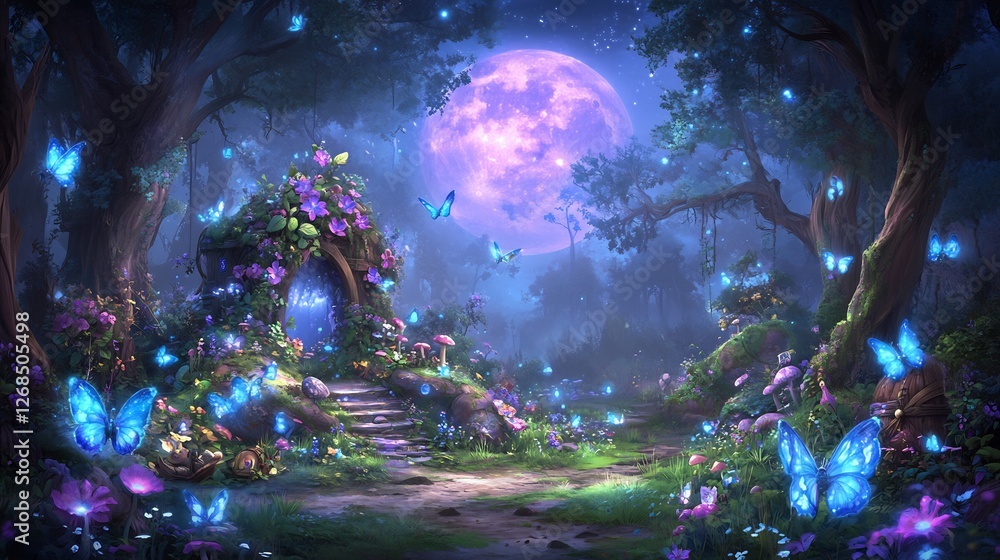 Obraz premium Enchanted Forest Night Magical Purple Moon Glowing Butterflies. AI Generated