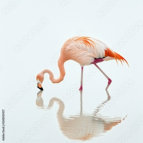 Greater flamingo standing in water isolated on white background for nature and wildlife themes photo