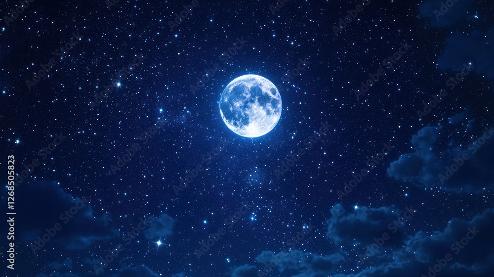 Obraz premium A starry night sky with a full moon shining brightly, surrounded by twinkling stars.