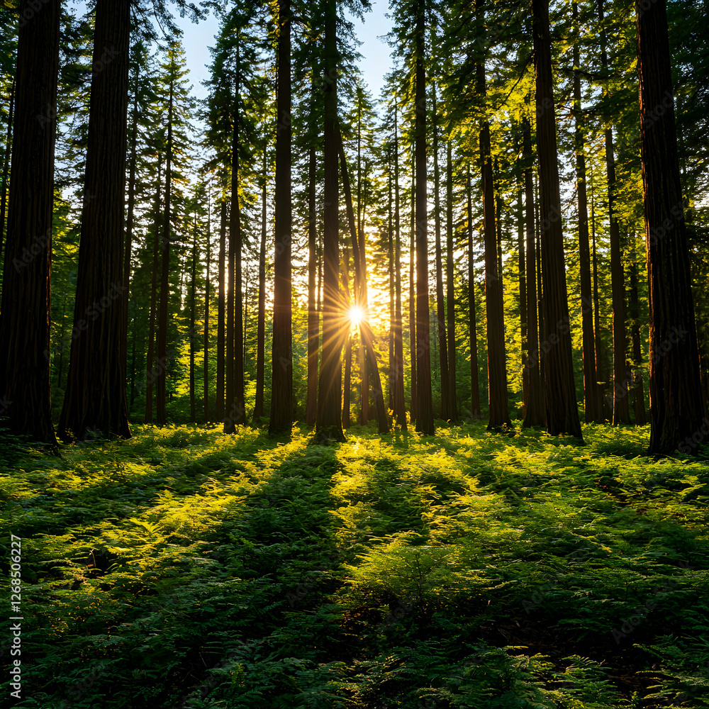Obraz premium Sunset in a Lush Green Forest