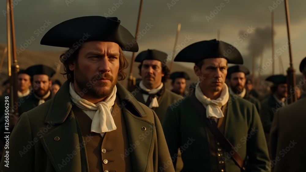 Obraz premium A historical film about the American Revolution with battle scenes. Cinematic lighting highlights the emotional and historical depth.