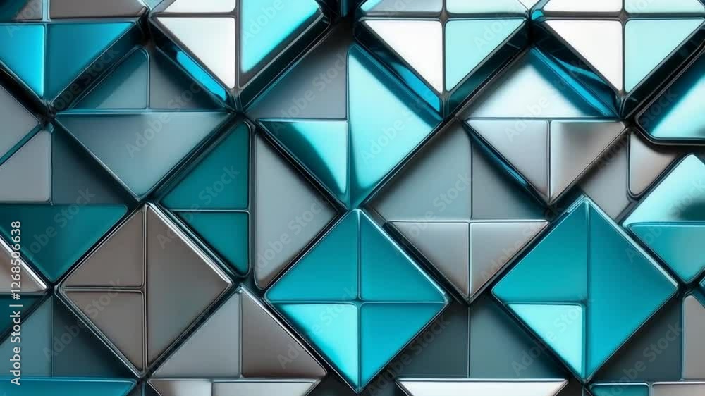 Dynamic geometric transitions of shimmering blue tiles creating captivating sequences Dynamic geometric transitions of shimmering blue tiles creating captivating sequences