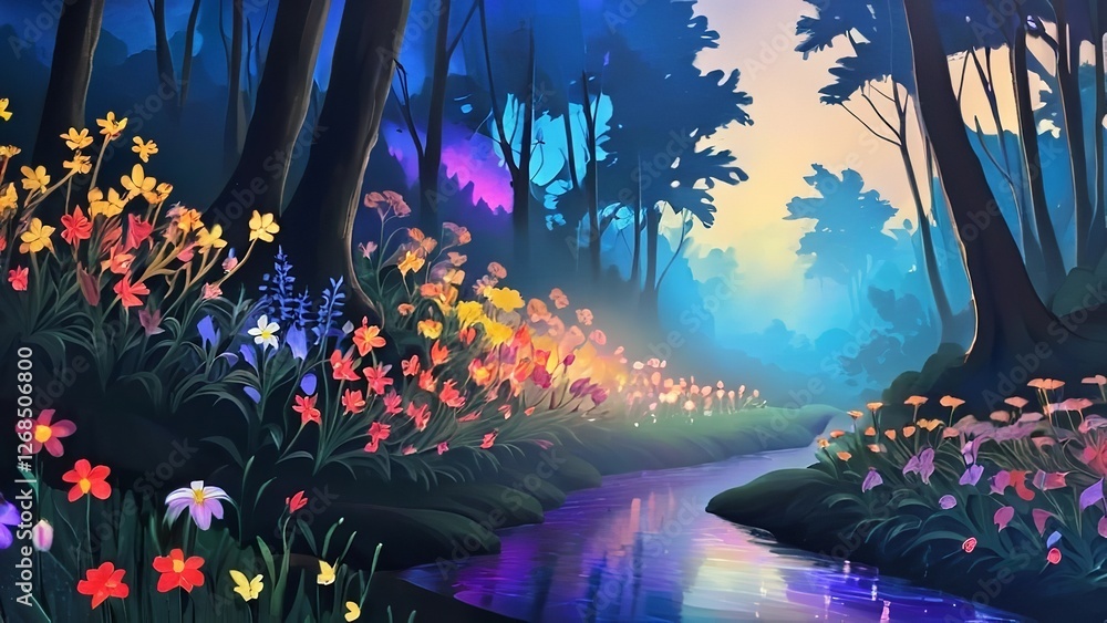 Fototapeta premium a painting of flowers that are in the grass with a river flowing through them in the middle of it