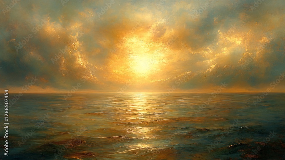 Fototapeta premium Golden sunset dramatically illuminates tranquil ocean waves. AI Generated