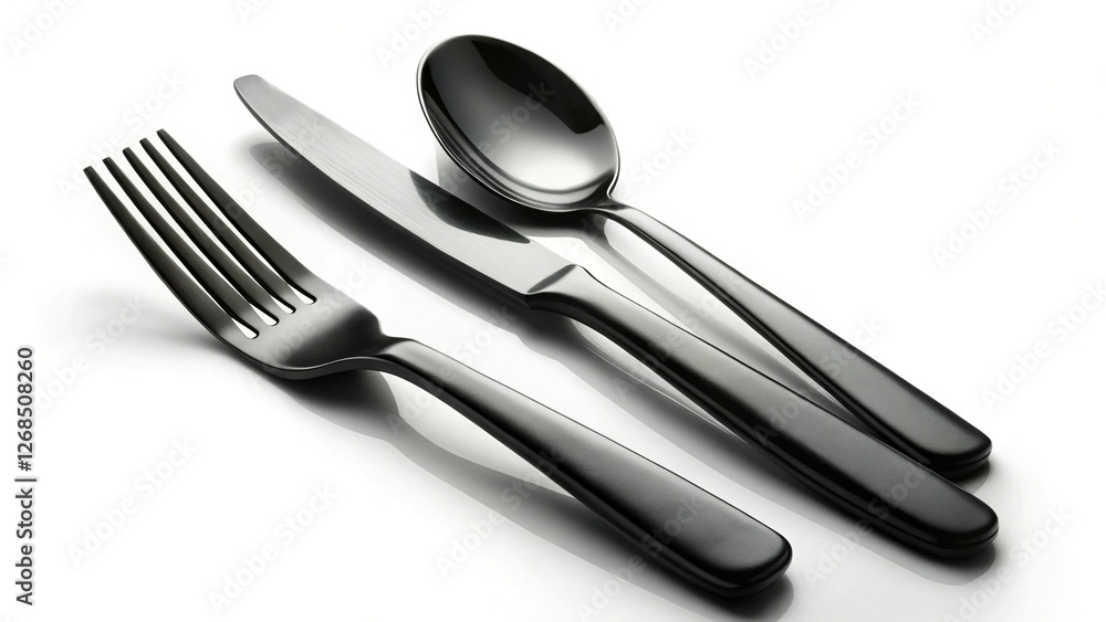 Black Cutlery Set: Fork, Spoon, Knife Isolated on White Background - Stock Photo Black Cutlery Set: Fork, Spoon, Knife Isolated on White Background - Stock Photo