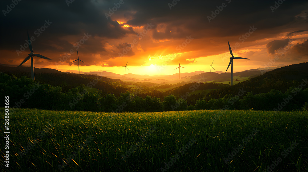 Obraz premium Sunset Landscape with Wind Turbines and Rolling Hills