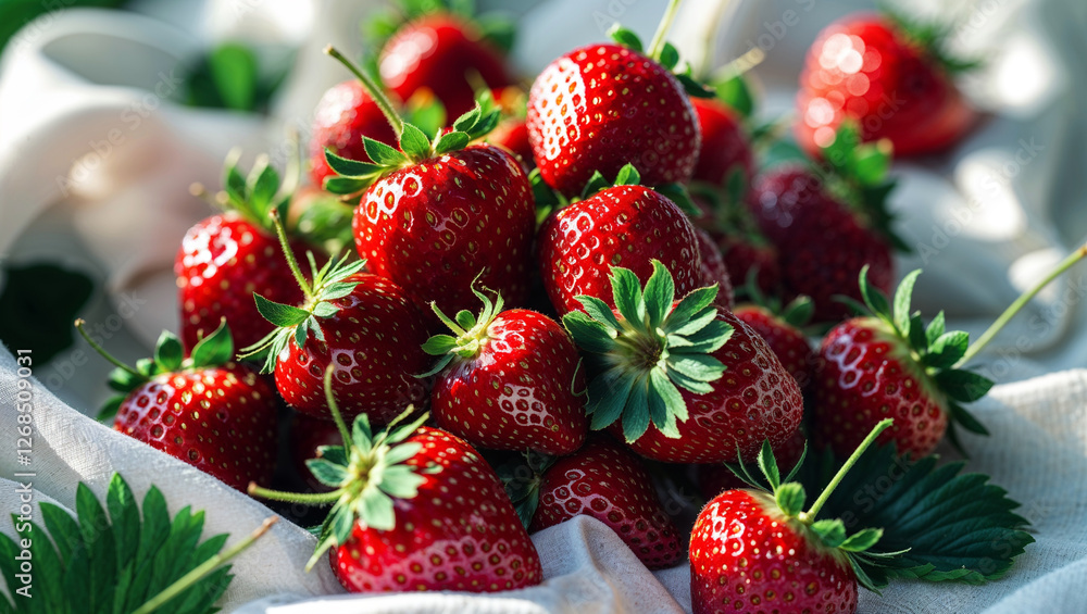 Closeup of fresh red strawberries with green leaves in natural light organic ripe berries healthy food concept Closeup of fresh red strawberries with green leaves in natural light organic ripe berries healthy food concept