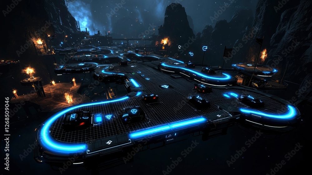 Naklejka premium Futuristic Aerial Racetrack at Night Sci-Fi Racing Circuit in Alien Landscape