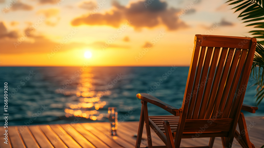 Sunset Ocean View with Wooden Chair on Deck Sunset Ocean View with Wooden Chair on Deck