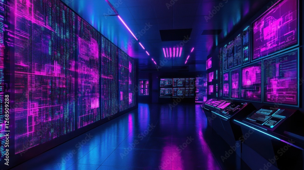 Futuristic data center corridor, glowing screens, server room, technology background, cybersecurity concept Futuristic data center corridor, glowing screens, server room, technology background, cybersecurity concept