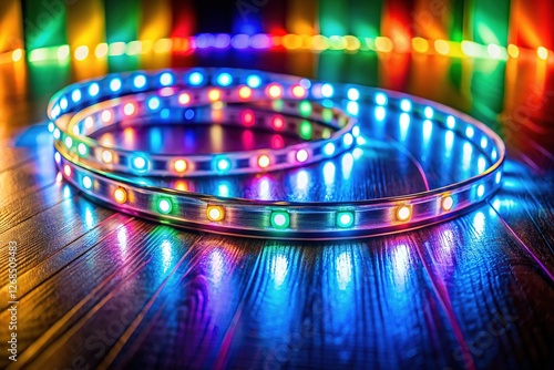 Colorful LED Strip Light Reflection on Wooden Floor - Abstract Stock Photo