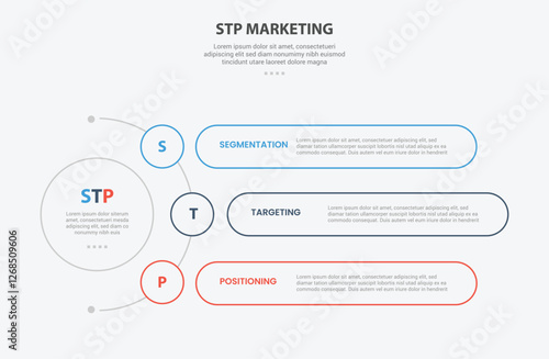 STP marketing infographic outline style with 3 point template with circle center and half spreading with round rectangle container for slide presentation