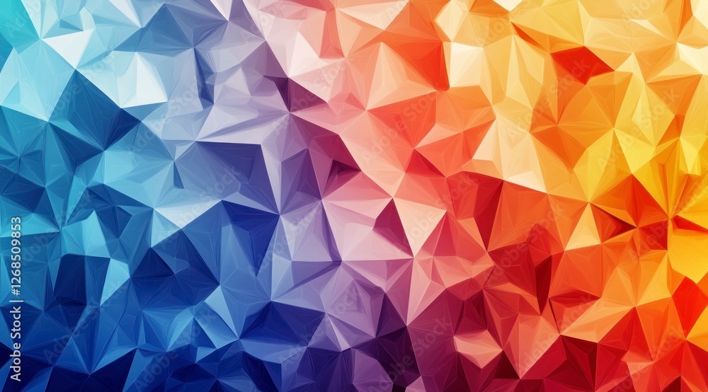 Colorful background with low-poly geometric shapes, a gradient of colors from orange to blue, vector illustration, vector art, flat design, bright color gradients