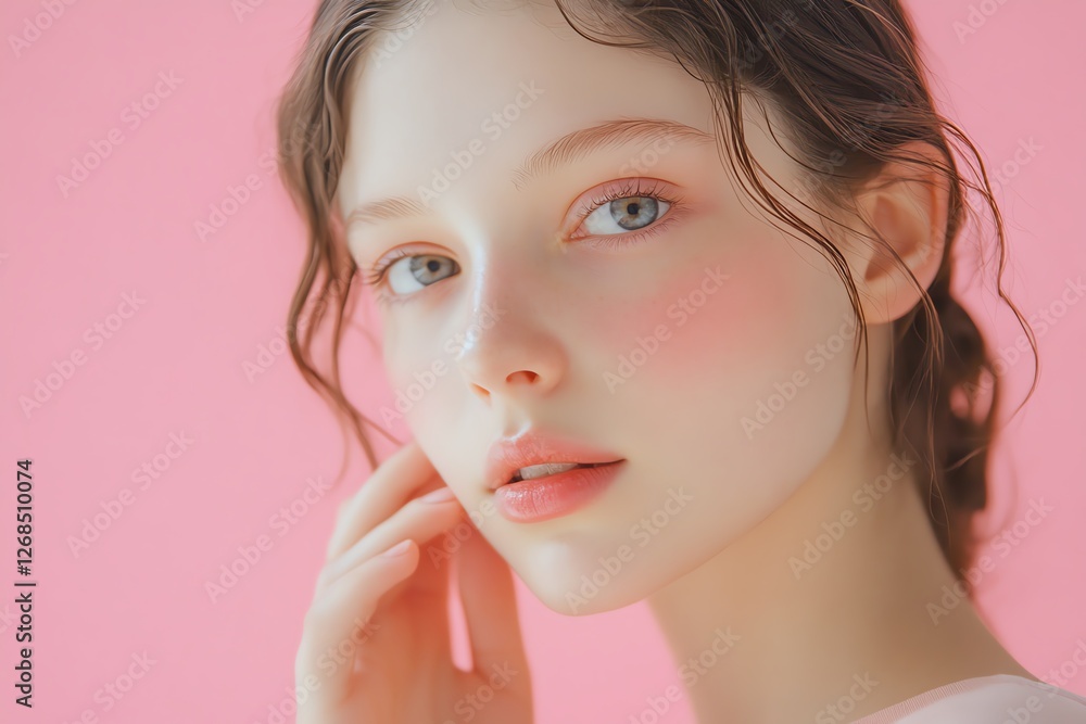 Close-up beauty portrait of a young woman touching her face radiant and smooth skin soft pastel background minimal skincare concept Close-up beauty portrait of a young woman touching her face radiant and smooth skin soft pastel background minimal skincare concept