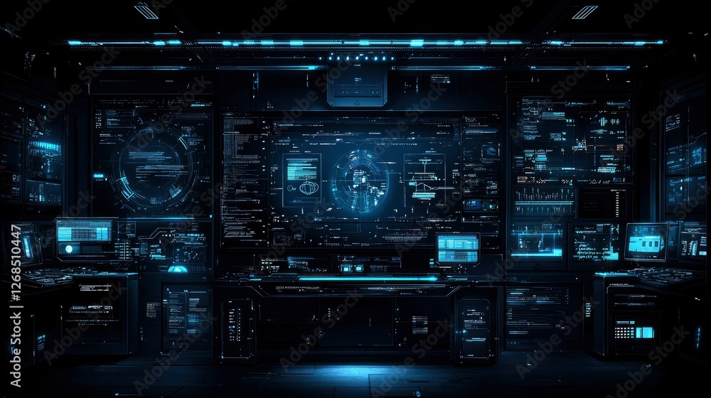 Futuristic Control Room Interface High-Tech Monitoring Station with Holographic Display Futuristic Control Room Interface High-Tech Monitoring Station with Holographic Display