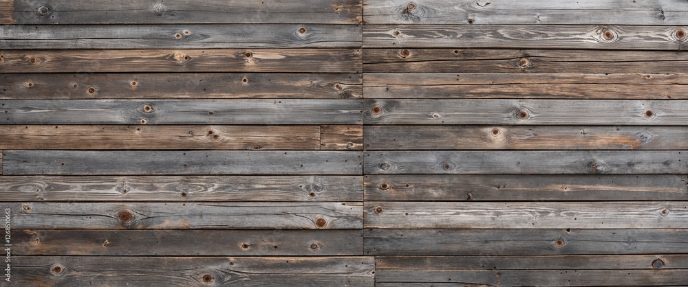 Obraz premium The planks are weathered, showcasing a variety of gray and brown tones, with visible grain patterns and knots. The texture is rough, indicating age and exposure to the elements.