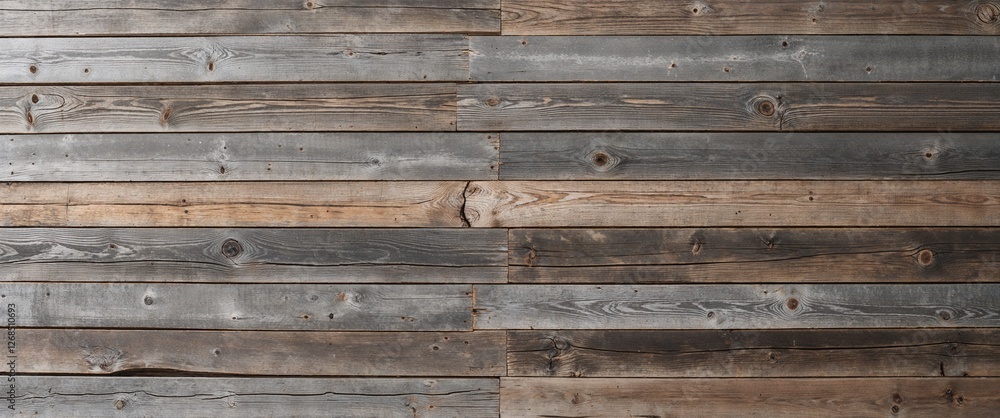 The planks are weathered, showcasing a variety of gray and brown tones, with visible grain patterns and knots. The texture is rough, indicating age and exposure to the elements. The planks are weathered, showcasing a variety of gray and brown tones, with visible grain patterns and knots. The texture is rough, indicating age and exposure to the elements.