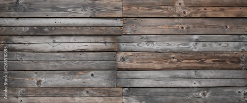 The planks are weathered, showcasing a variety of gray and brown tones, with visible grain patterns and knots. The texture is rough, indicating age and exposure to the elements. 