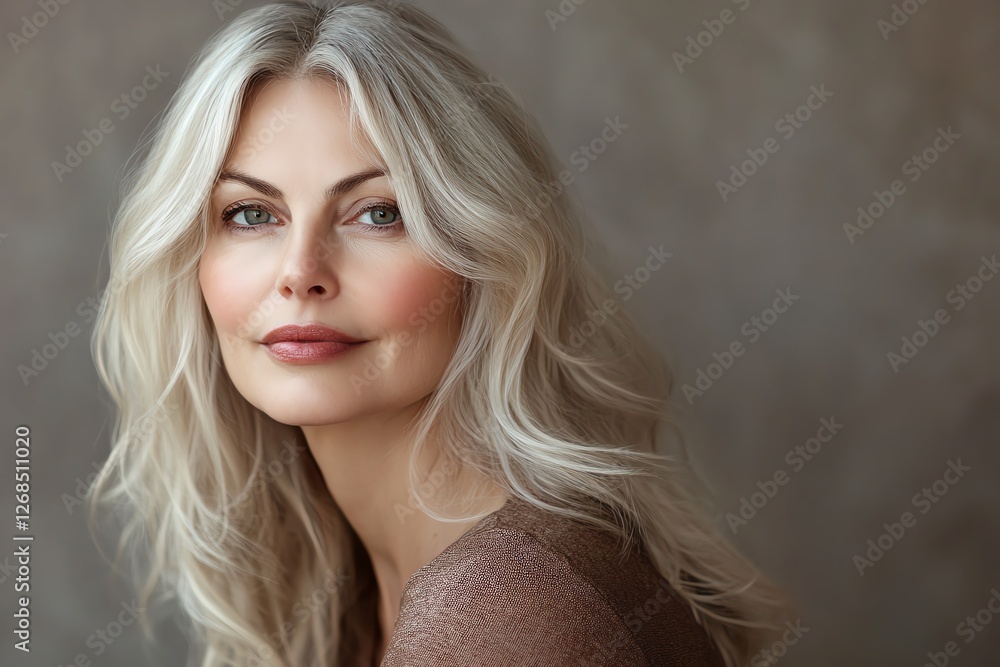 Naklejka premium Elegant mature woman with soft waves in her blonde hair confident expression neutral background sophisticated and graceful beauty