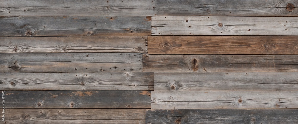 The planks are weathered, showcasing a variety of gray and brown tones, with visible grain patterns and knots. The texture is rough, indicating age and exposure to the elements. The planks are weathered, showcasing a variety of gray and brown tones, with visible grain patterns and knots. The texture is rough, indicating age and exposure to the elements.