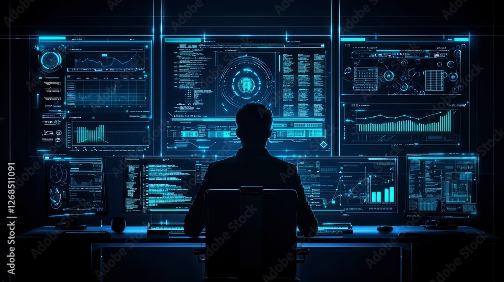 Silhouette of Hacker Working on Multiple Monitors with Cyber Security Data Silhouette of Hacker Working on Multiple Monitors with Cyber Security Data