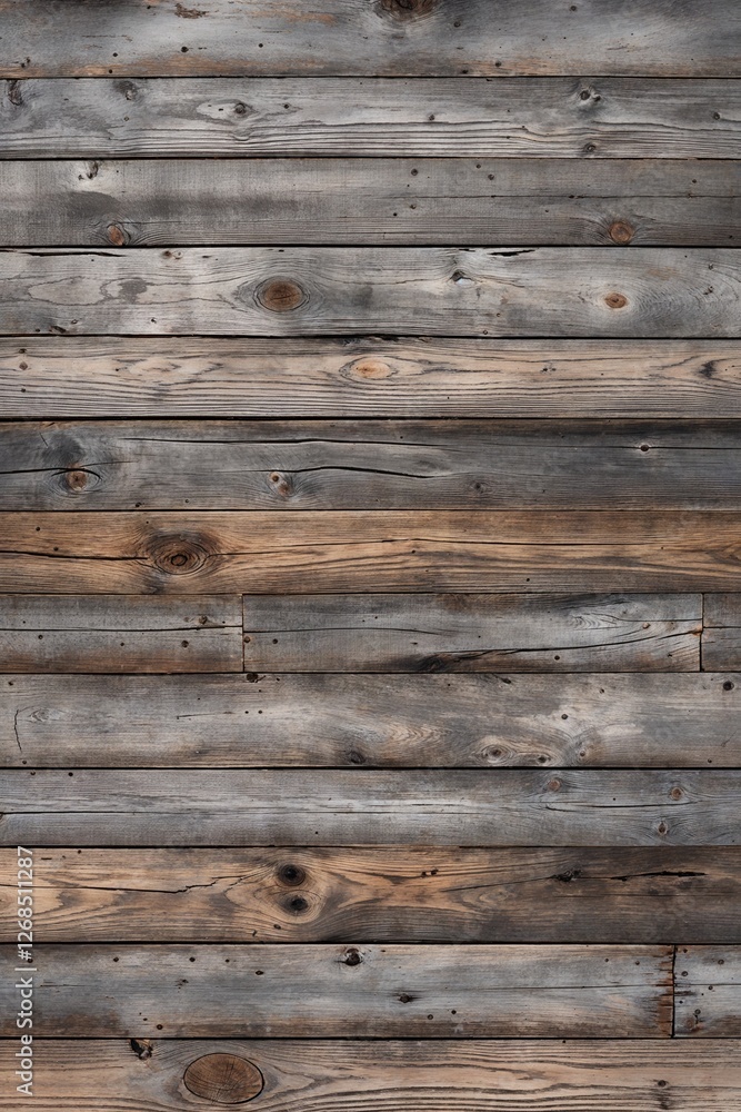 The planks are weathered, showcasing a variety of gray and brown tones, with visible grain patterns and knots. The texture is rough, indicating age and exposure to the elements. The planks are weathered, showcasing a variety of gray and brown tones, with visible grain patterns and knots. The texture is rough, indicating age and exposure to the elements.