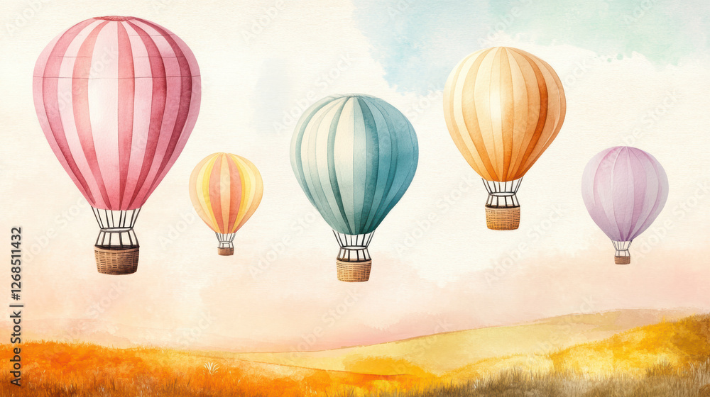Obraz premium Colorful hot air balloons floating over countryside landscape with soft pastel sky, creating dreamy and whimsical atmosphere. scene evokes sense of adventure and tranquility