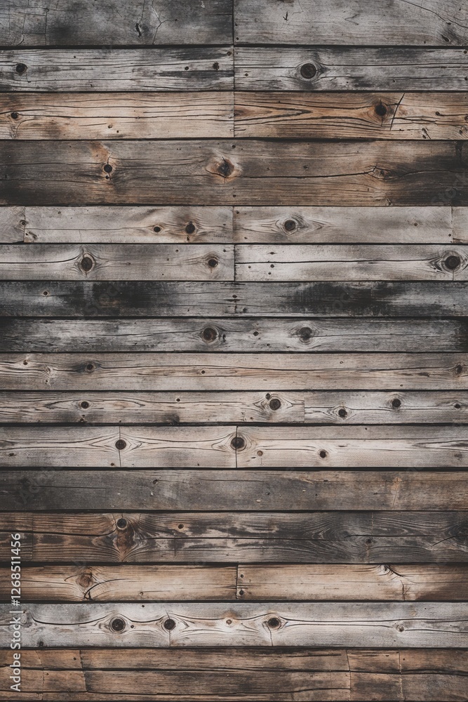 Obraz premium The planks are weathered, showcasing a variety of gray and brown tones, with visible grain patterns and knots. The texture is rough, indicating age and exposure to the elements. 