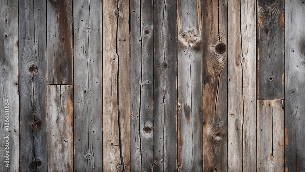Fototapeta premium The planks are weathered, showcasing a variety of gray and brown tones, with visible grain patterns and knots. The texture is rough, indicating age and exposure to the elements. 