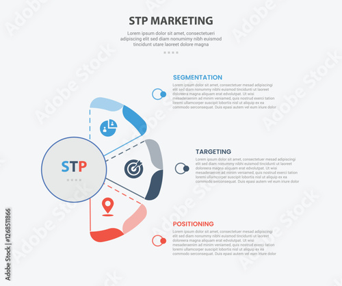 STP marketing infographic outline style with 3 point template with half circle shape like fan shape for slide presentation