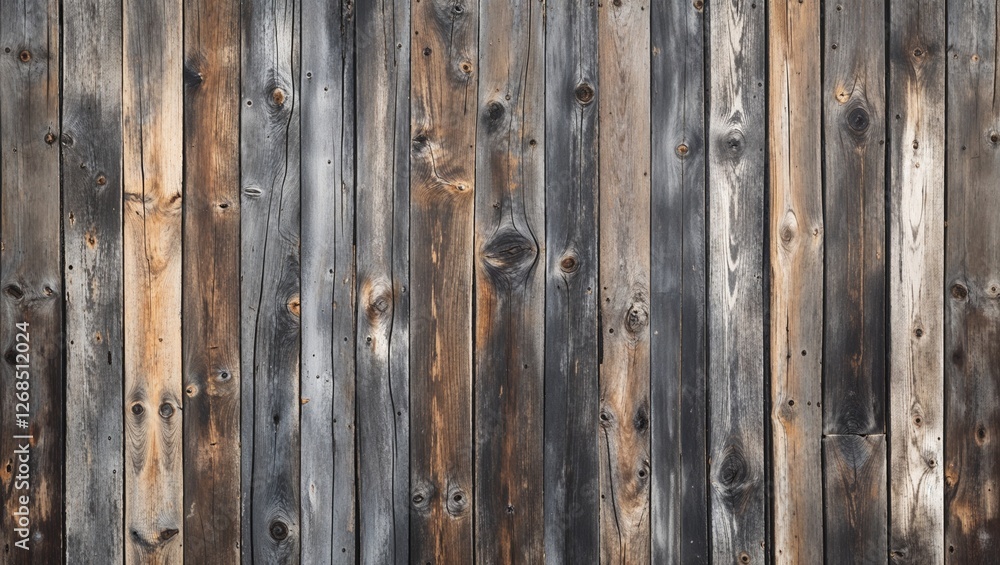 The planks are weathered, showcasing a variety of gray and brown tones, with visible grain patterns and knots. The texture is rough, indicating age and exposure to the elements. The planks are weathered, showcasing a variety of gray and brown tones, with visible grain patterns and knots. The texture is rough, indicating age and exposure to the elements.