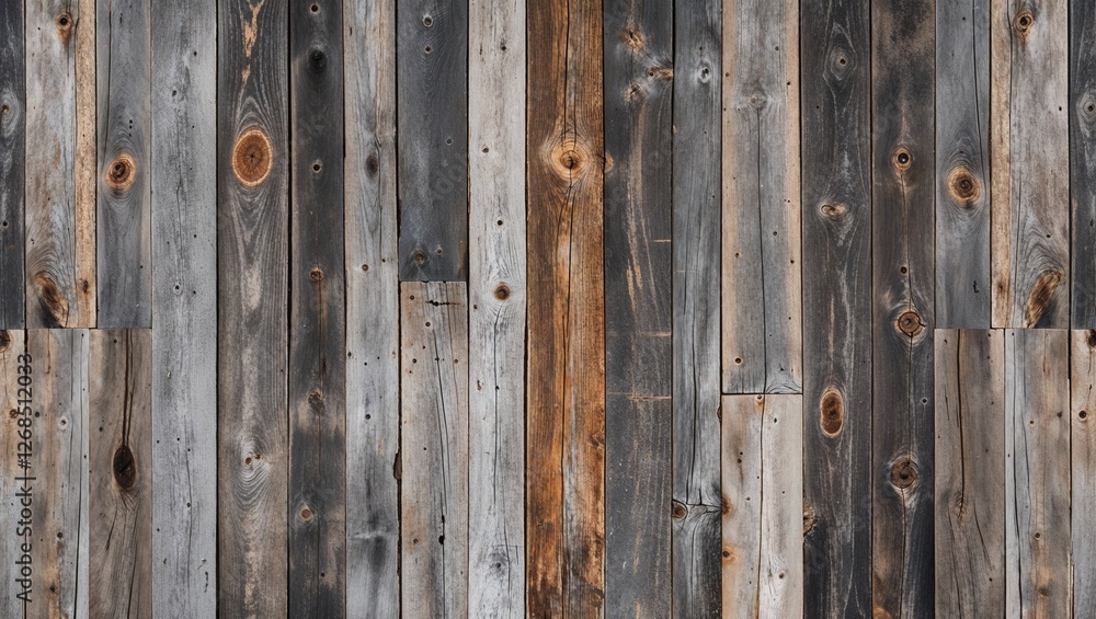 The planks are weathered, showcasing a variety of gray and brown tones, with visible grain patterns and knots. The texture is rough, indicating age and exposure to the elements. The planks are weathered, showcasing a variety of gray and brown tones, with visible grain patterns and knots. The texture is rough, indicating age and exposure to the elements.
