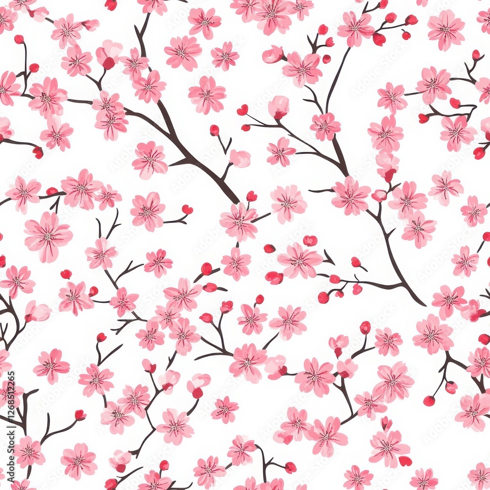 Pink Cherry Blossoms Seamless Pattern White Background Pink Cherry Blossoms Seamless Pattern White Background