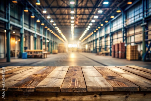 Wallpaper Mural Empty Wooden Table in Blurred Industrial Warehouse Setting - Perfect for Product Display or Mockups Torontodigital.ca