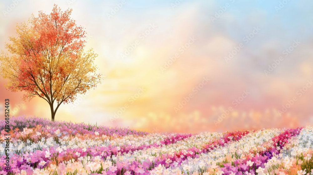 Fototapeta premium vibrant field of flowers with clean rows stretches under pastel sky at sunset, creating serene and picturesque landscape. lone tree with autumn colored leaves stands gracefully to side