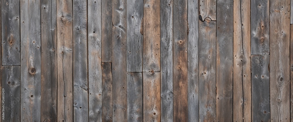 Fototapeta premium The planks are weathered, showcasing a variety of gray and brown tones, with visible grain patterns and knots. The texture is rough, indicating age and exposure to the elements. 