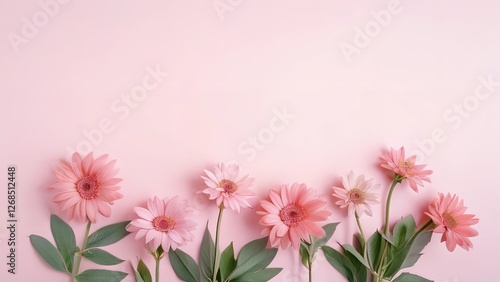 a vase filled with pink flowers next to a pink wall and some blue vases