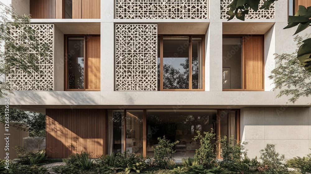Fototapeta premium Modern building facade with intricate lattice screens and wooden doors.