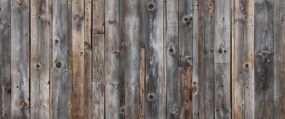 The planks are weathered, showcasing a variety of gray and brown tones, with visible grain patterns and knots. The texture is rough, indicating age and exposure to the elements. The planks are weathered, showcasing a variety of gray and brown tones, with visible grain patterns and knots. The texture is rough, indicating age and exposure to the elements.