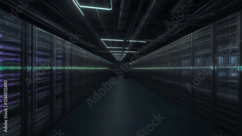 a very long hallway with some lights on all four sides of it and a few rows of rackets