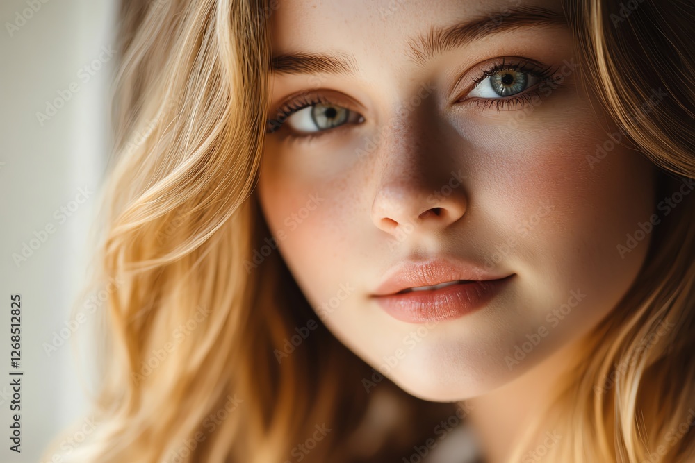 Soft and glowing close-up portrait of a young woman with radiant skin warm natural lighting flawless beauty skincare concept Soft and glowing close-up portrait of a young woman with radiant skin warm natural lighting flawless beauty skincare concept