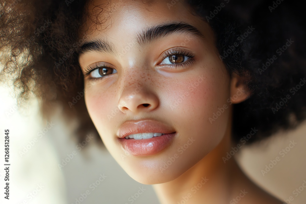 Soft and glowing close-up portrait of a young woman with radiant skin warm natural lighting flawless beauty skincare concept Soft and glowing close-up portrait of a young woman with radiant skin warm natural lighting flawless beauty skincare concept